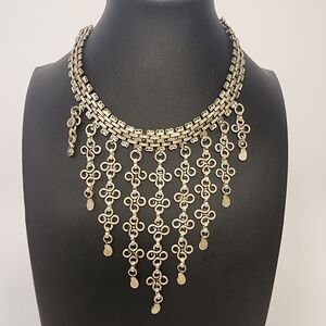 Silver Tone Bib Necklace Dangle Fringe Statement Boho Tribal 14-18"